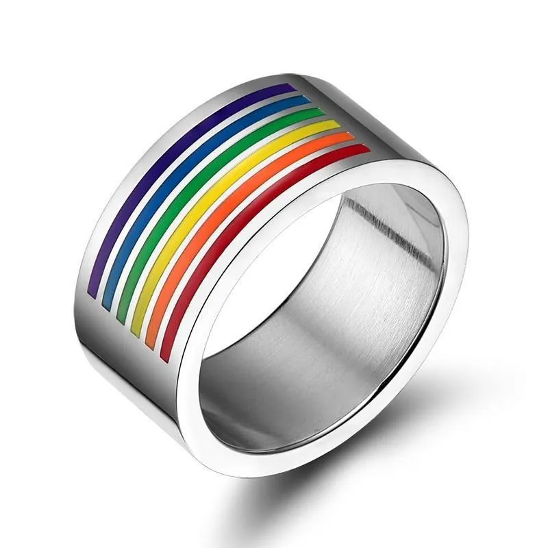 10mm Colorful Top Rainbow Stainless Steel Silver Unisex Ring