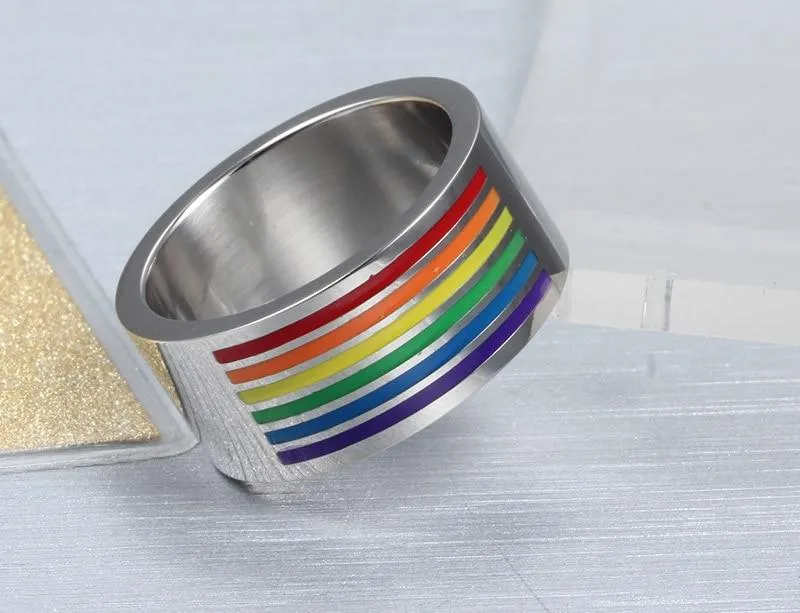 10mm Colorful Top Rainbow Stainless Steel Silver Unisex Ring