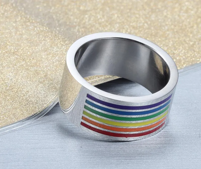 10mm Colorful Top Rainbow Stainless Steel Silver Unisex Ring
