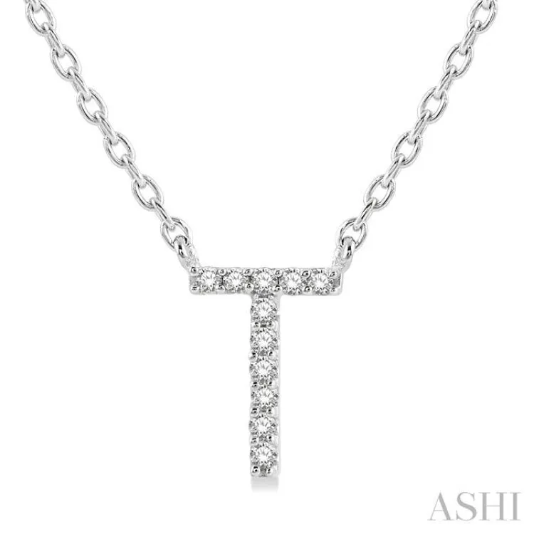 1/20 ctw Initial 'T' Round Cut Diamond Pendant With Chain in 14K White Gold