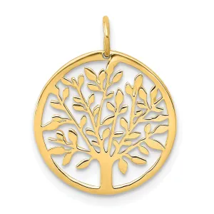 14k Yellow Gold Open Back Solid Diamond Cut Polished Finish Tree of Life in Round Shape Frame Charm Pendant