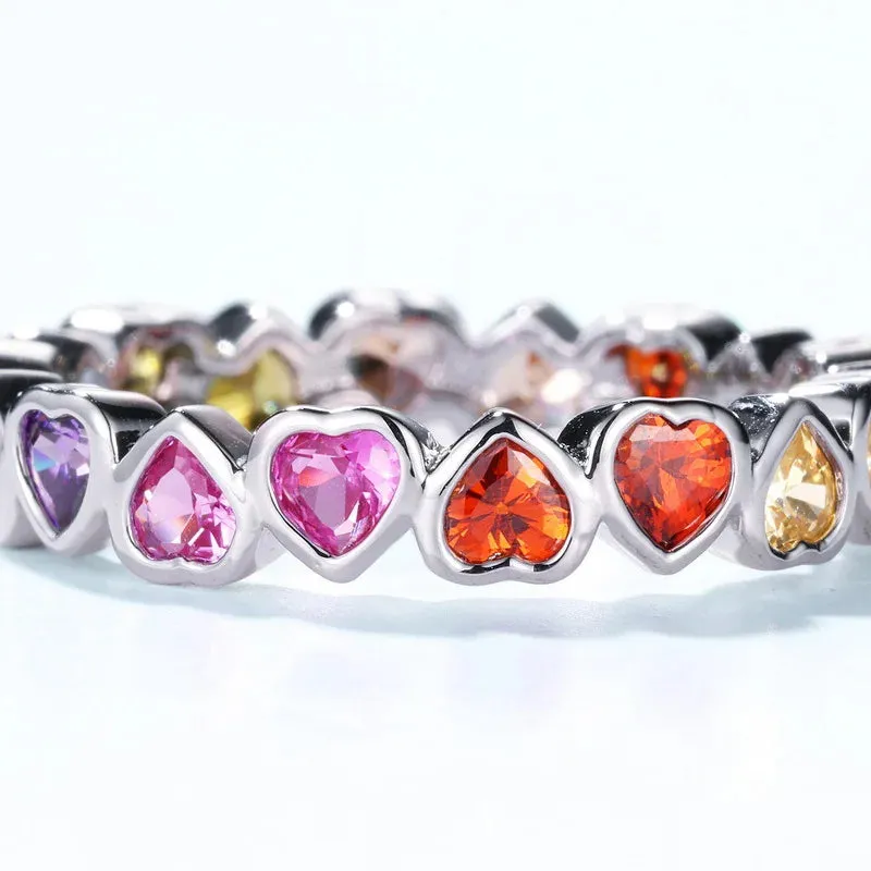 925 Silver  Love Heart Colorful Zircon Rings
