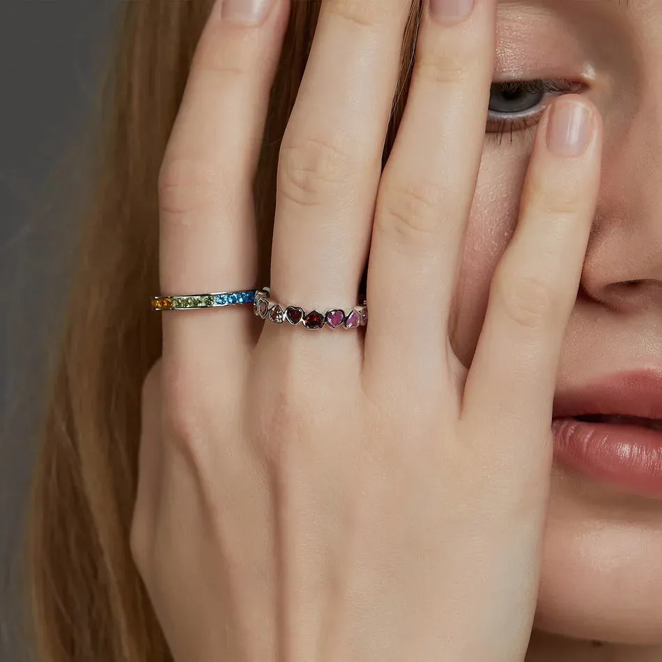 925 Silver  Love Heart Colorful Zircon Rings