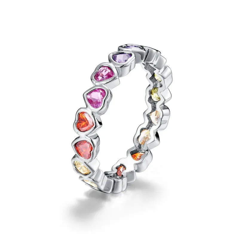 925 Silver  Love Heart Colorful Zircon Rings