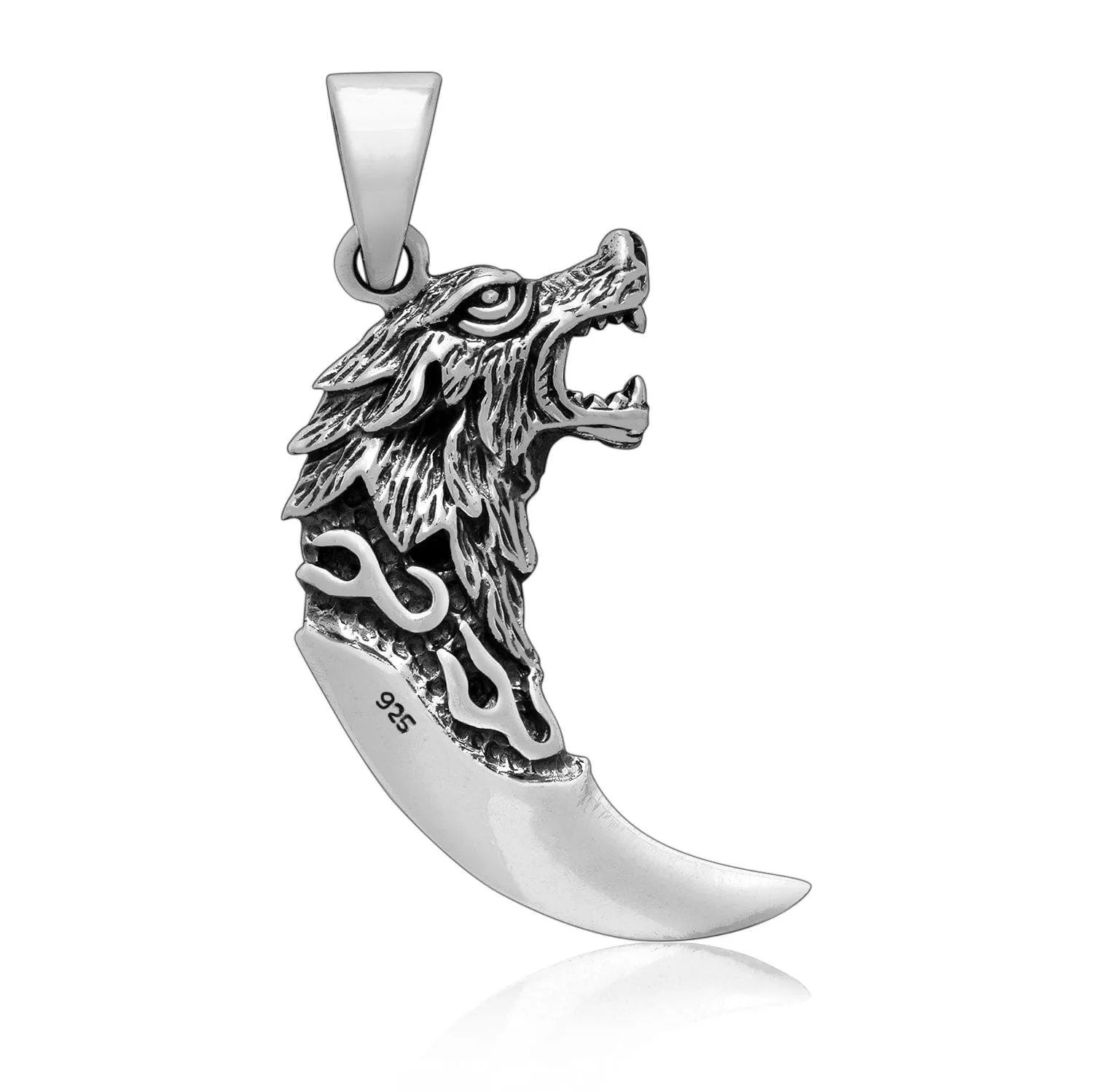 925 Sterling Silver Howling Wolf Tooth Pendant