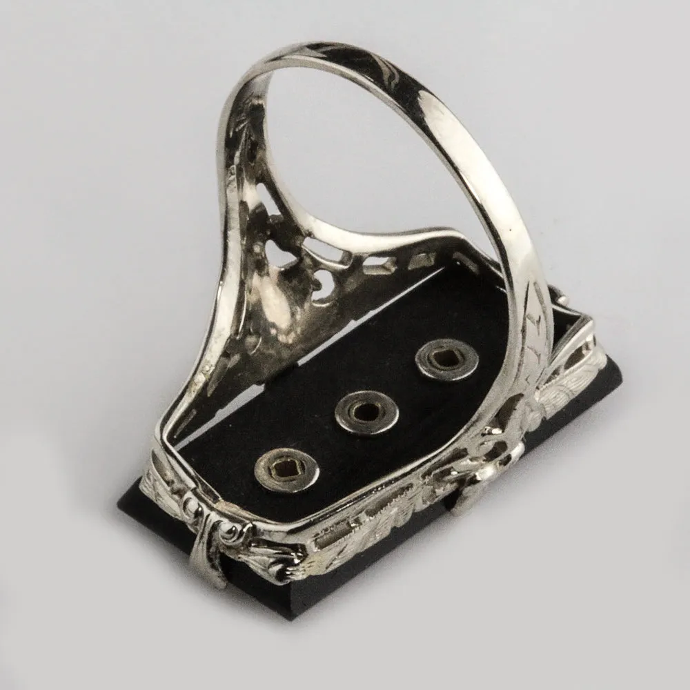 Art Deco onyx, diamond and 14k white gold filigree ring size 6 1/2. j-rgad141