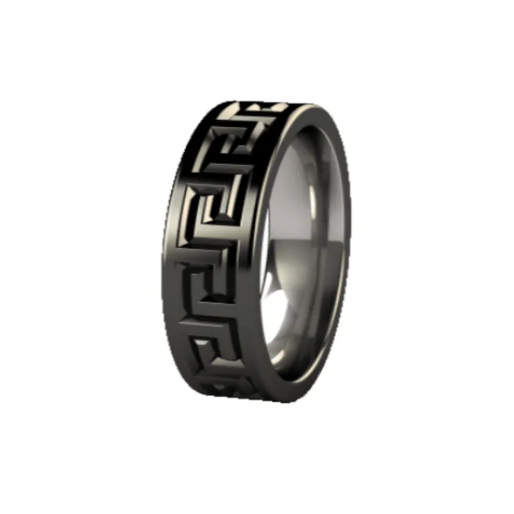 Black Zirconium Greek Key Design Band Men's Ring