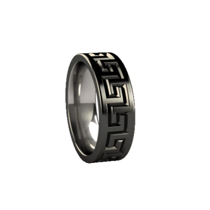 Black Zirconium Greek Key Design Band Men's Ring
