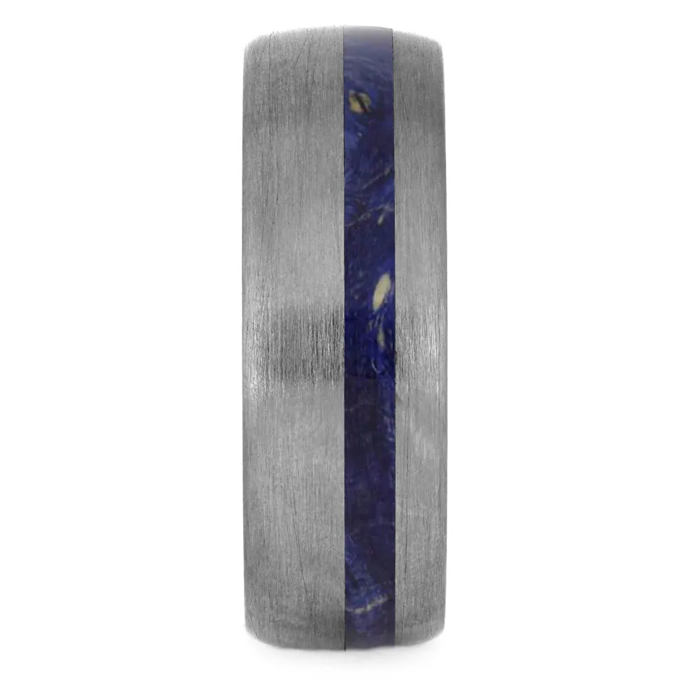 Blue Box Elder Wood Wedding Band With Brushed Titanium