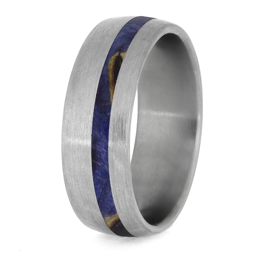 Blue Box Elder Wood Wedding Band With Brushed Titanium