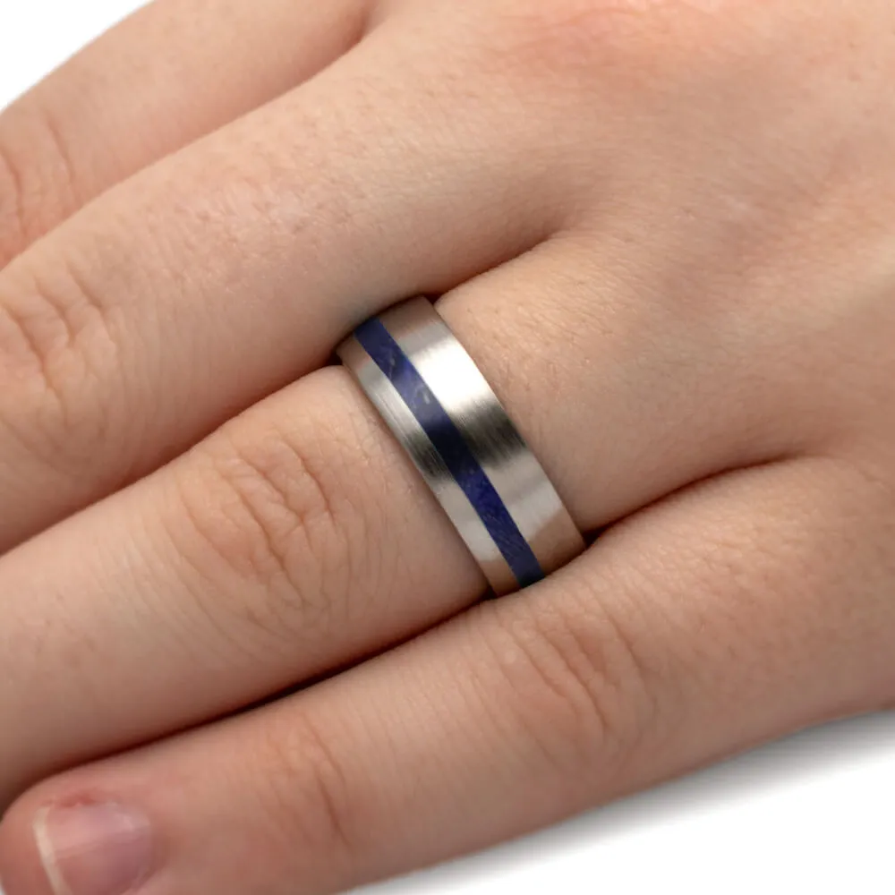 Blue Box Elder Wood Wedding Band With Brushed Titanium