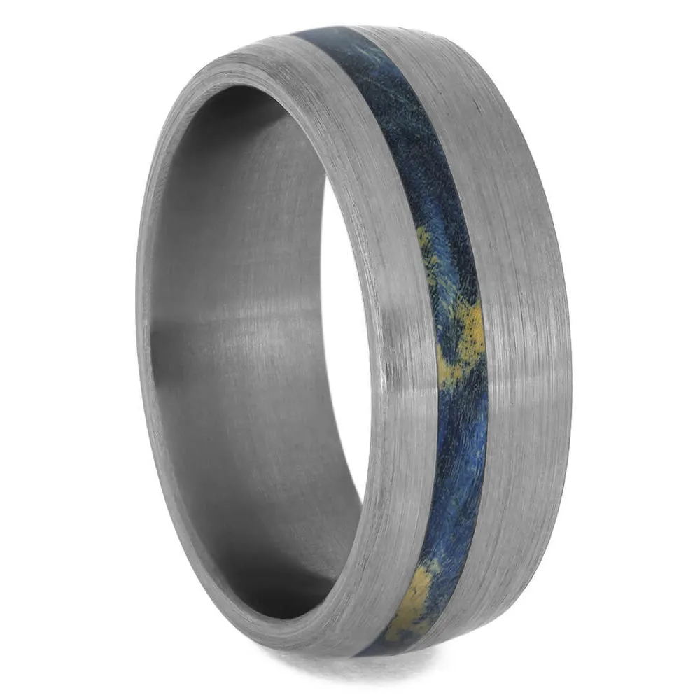 Blue Box Elder Wood Wedding Band With Brushed Titanium