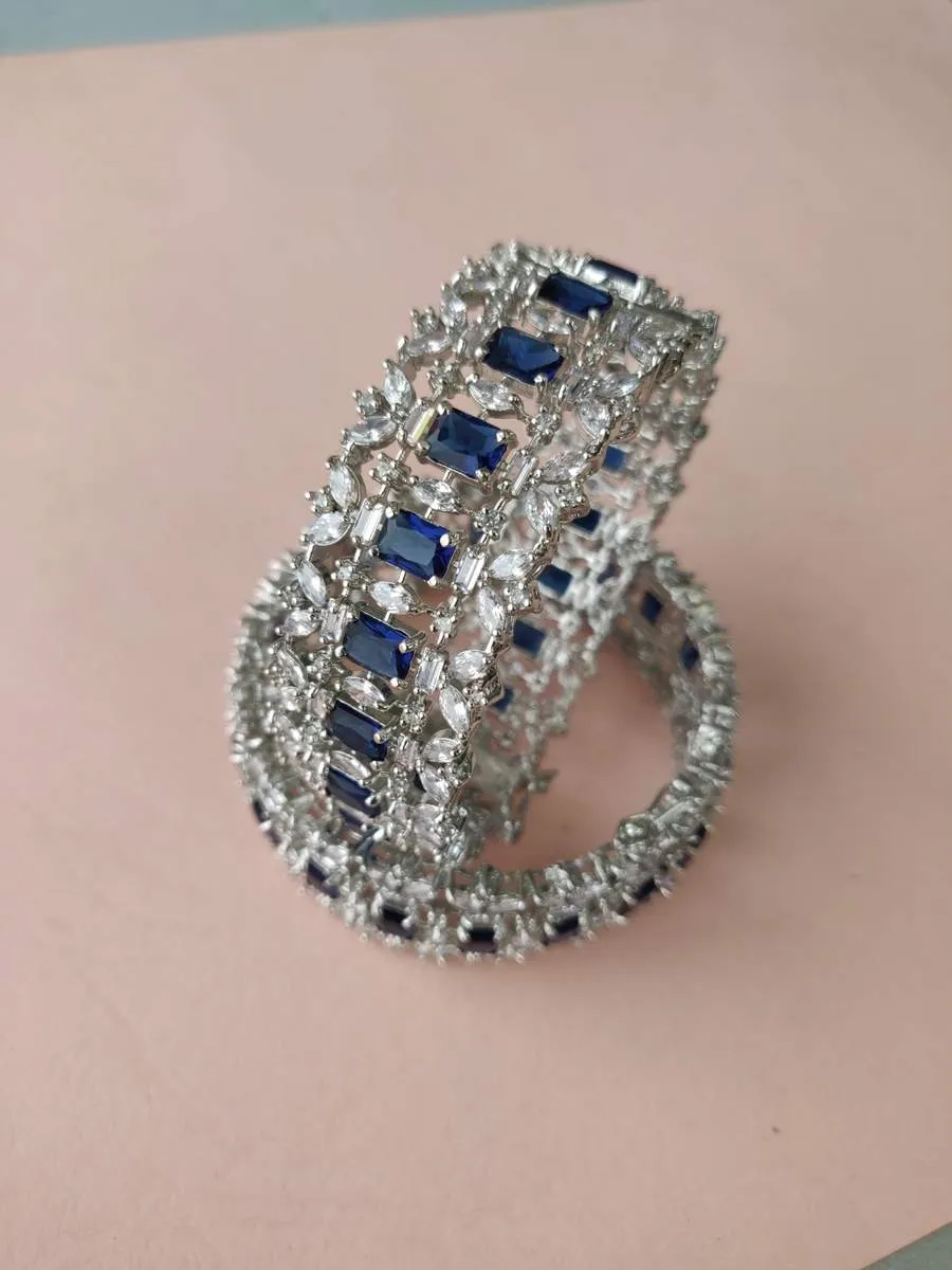 Blue Color Silver Plated Faux Diamond Bangles - CZBANGLE24B