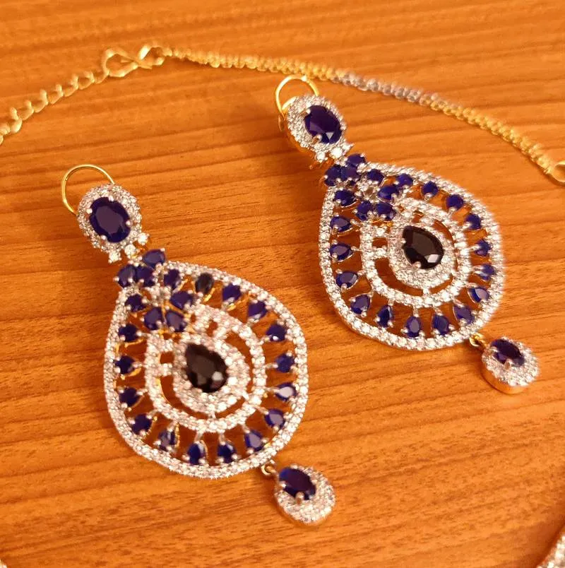 BLUE SAPPHIRE DIAMOND LOOK GOLD PLATED NECKLACE SET