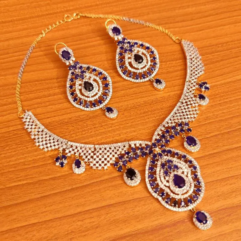 BLUE SAPPHIRE DIAMOND LOOK GOLD PLATED NECKLACE SET