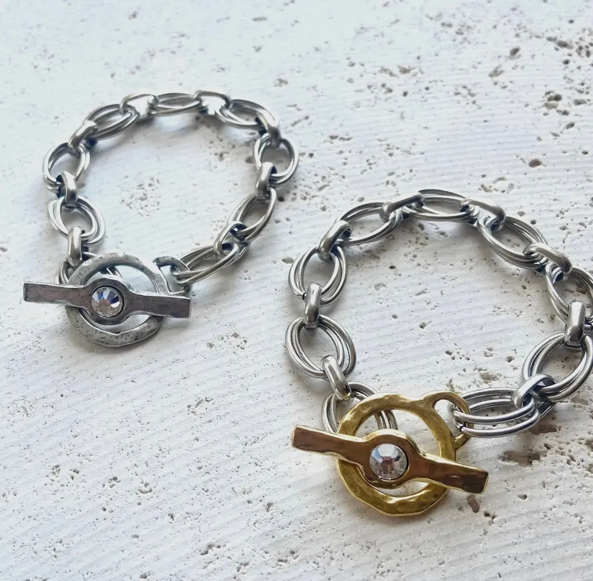 Chunky Bracelet
Hammered Hand
Casted Toggle with Crystal