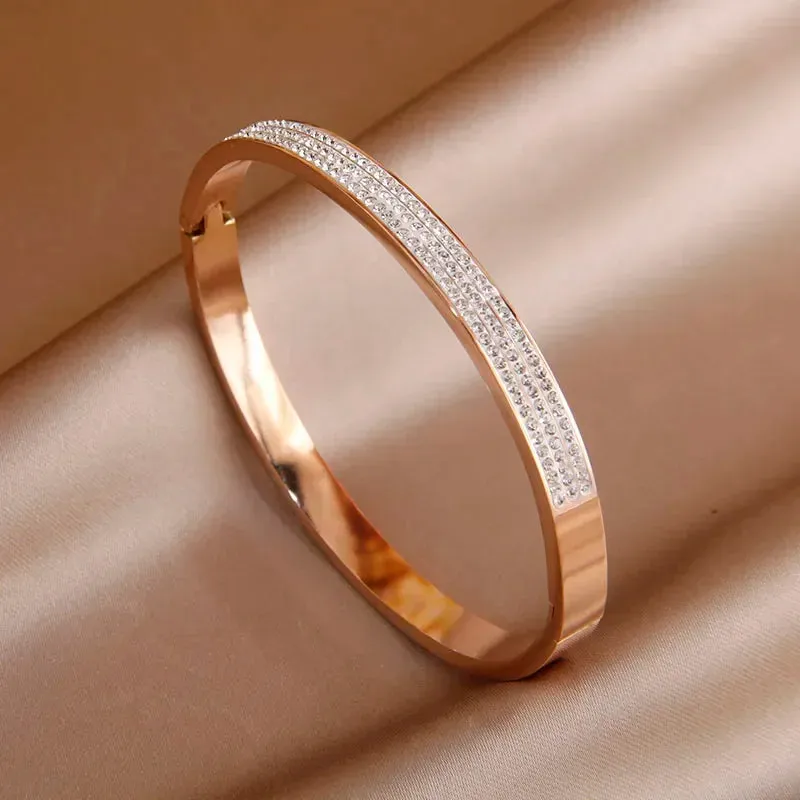 Classic Stainless Steel Open Bangles for Women with Crystal