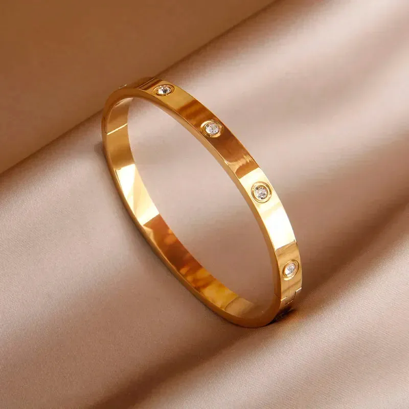 Classic Stainless Steel Open Bangles for Women with Crystal
