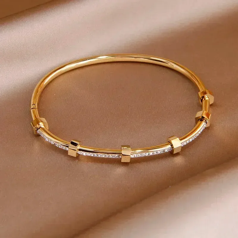 Classic Stainless Steel Open Bangles for Women with Crystal