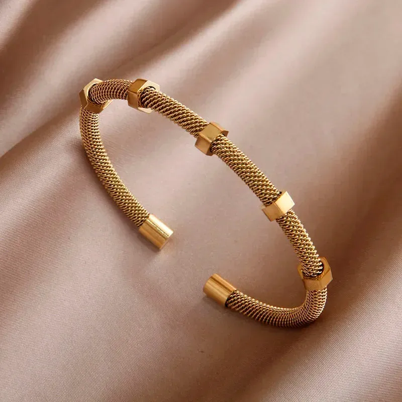Classic Stainless Steel Open Bangles for Women with Crystal