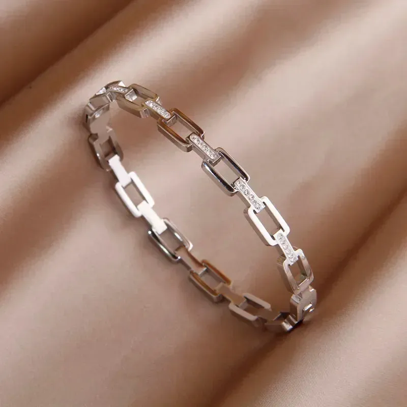 Classic Stainless Steel Open Bangles for Women with Crystal