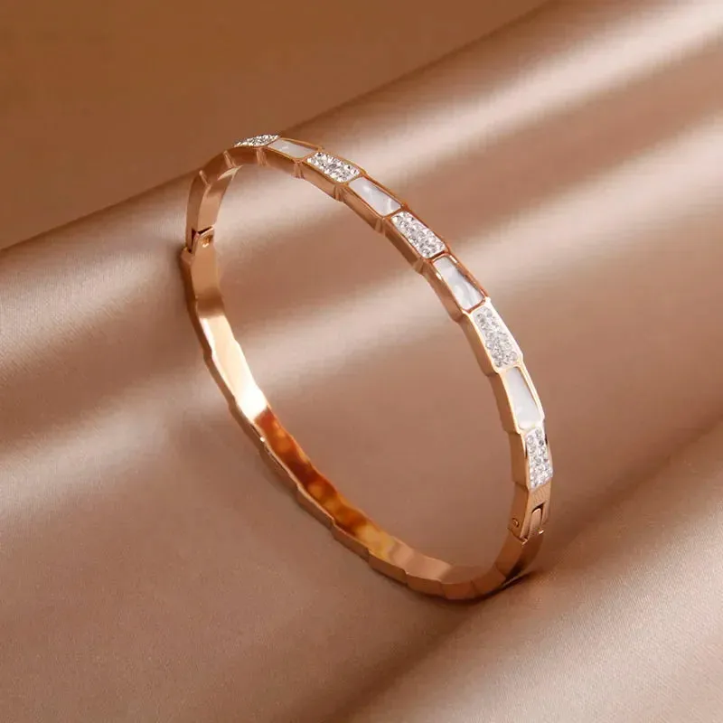 Classic Stainless Steel Open Bangles for Women with Crystal