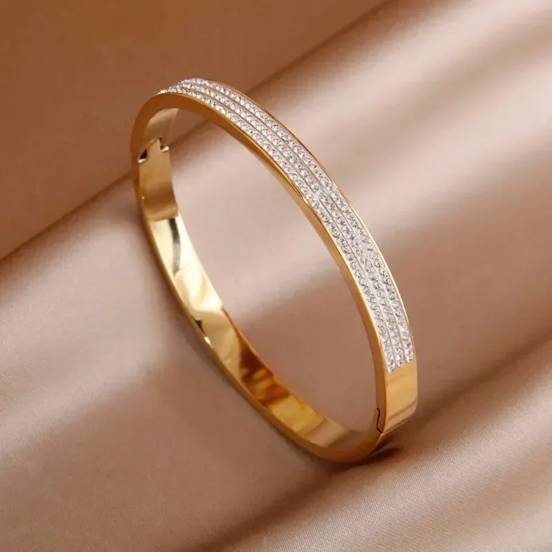 Classic Stainless Steel Open Bangles for Women with Crystal