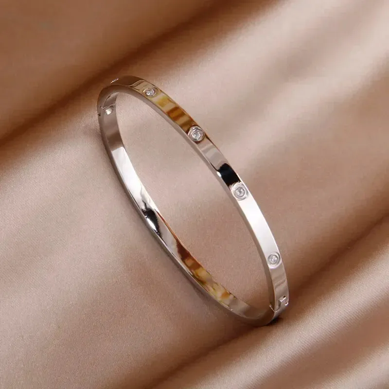 Classic Stainless Steel Open Bangles for Women with Crystal