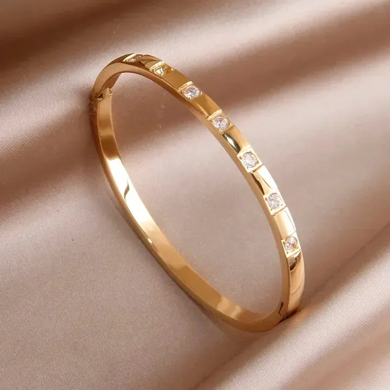 Classic Stainless Steel Open Bangles for Women with Crystal