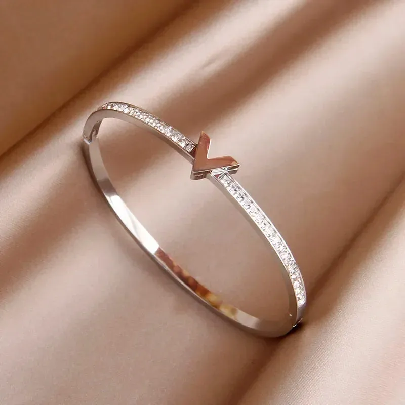 Classic Stainless Steel Open Bangles for Women with Crystal