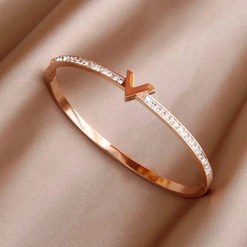 Classic Stainless Steel Open Bangles for Women with Crystal