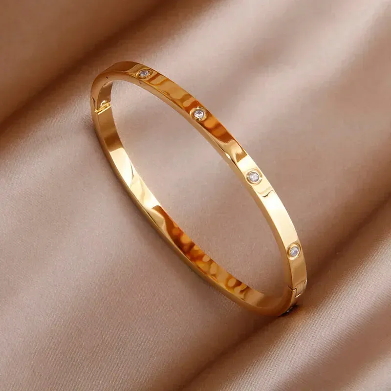 Classic Stainless Steel Open Bangles for Women with Crystal