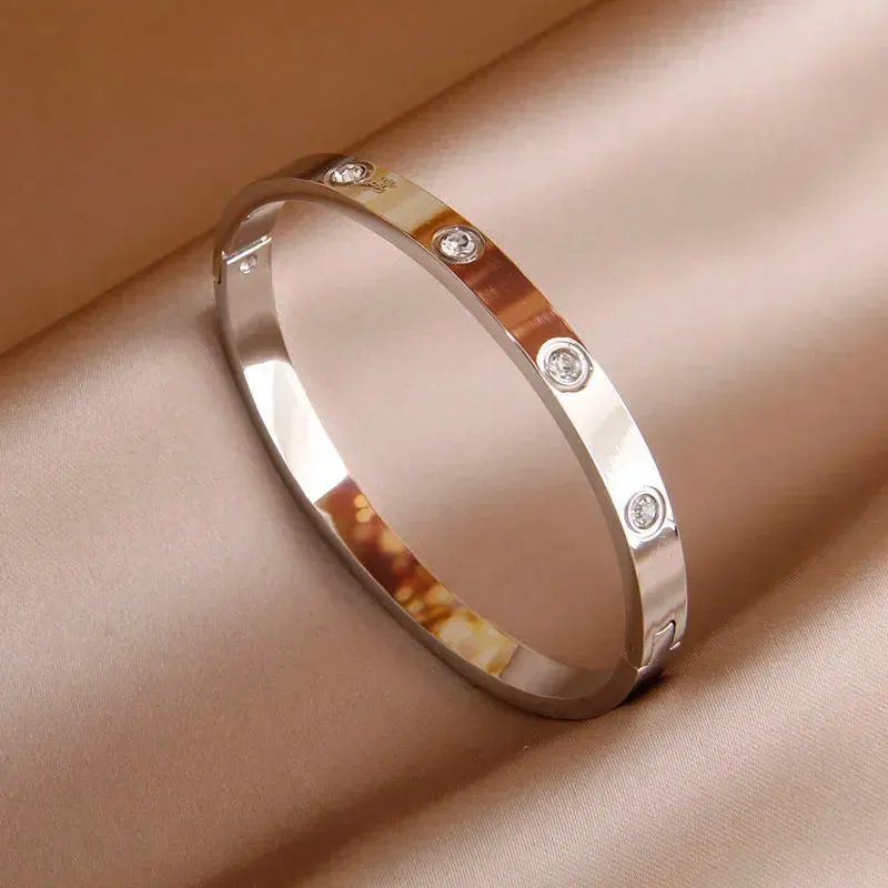 Classic Stainless Steel Open Bangles for Women with Crystal