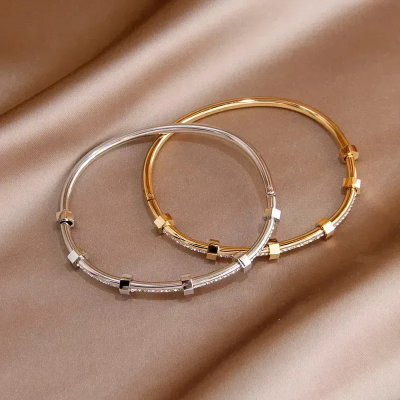 Classic Stainless Steel Open Bangles for Women with Crystal