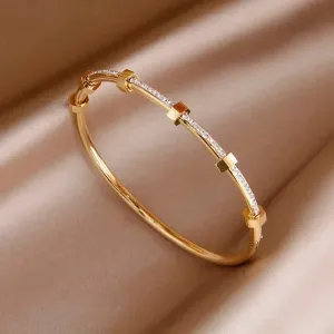 Classic Stainless Steel Open Bangles for Women with Crystal