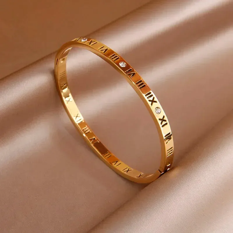 Classic Stainless Steel Open Bangles for Women with Crystal