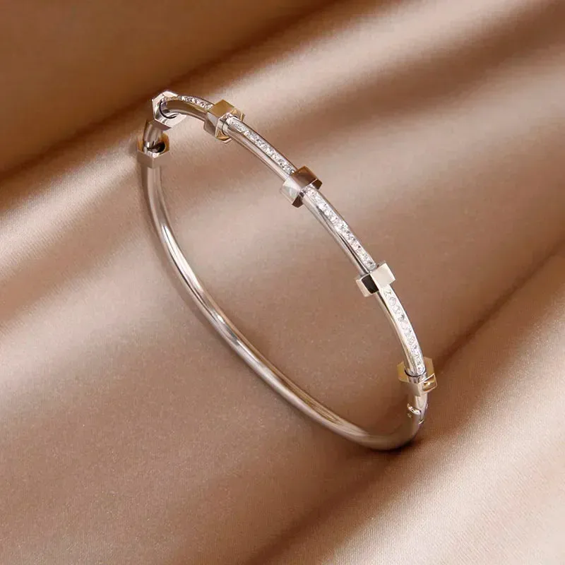 Classic Stainless Steel Open Bangles for Women with Crystal
