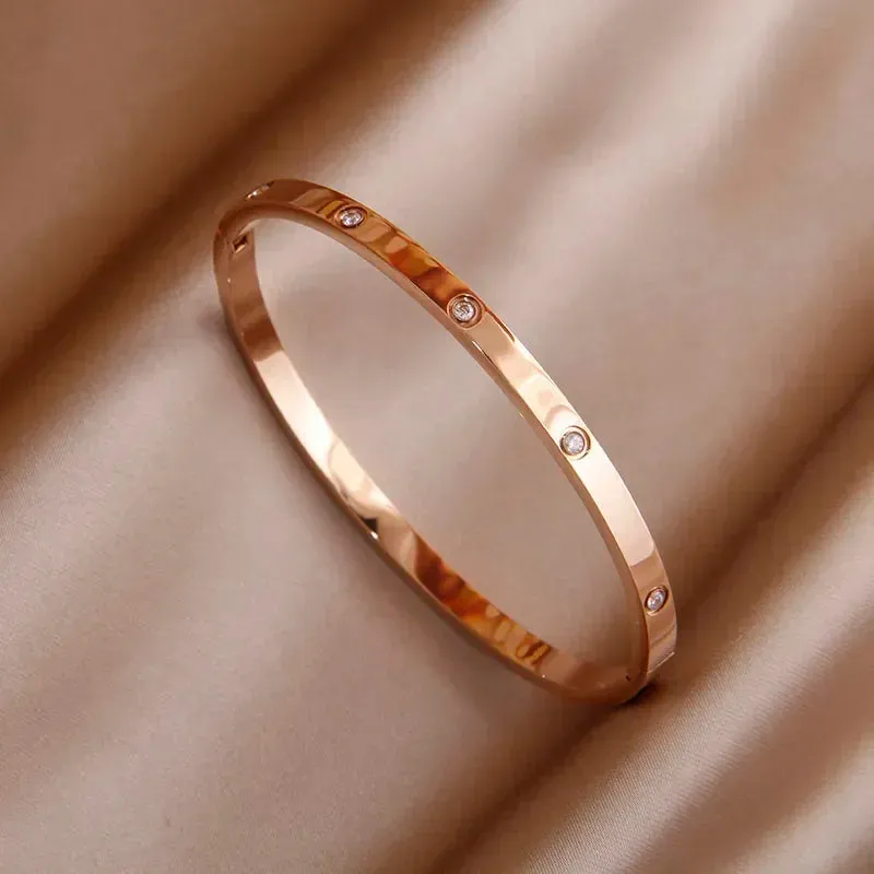 Classic Stainless Steel Open Bangles for Women with Crystal