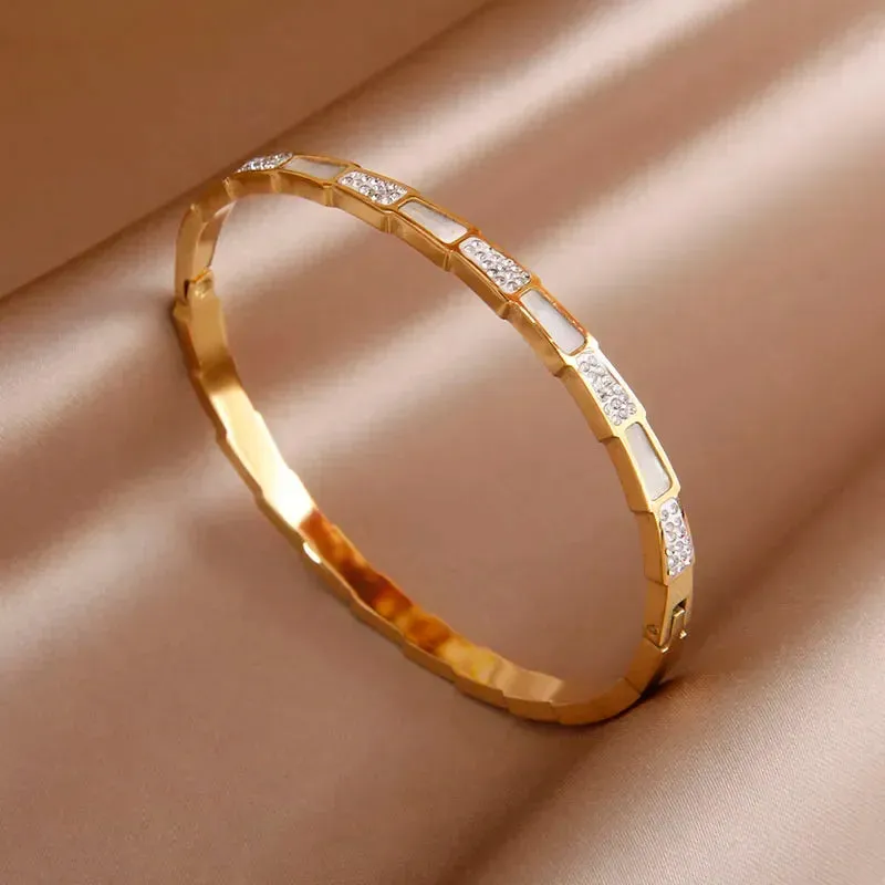 Classic Stainless Steel Open Bangles for Women with Crystal