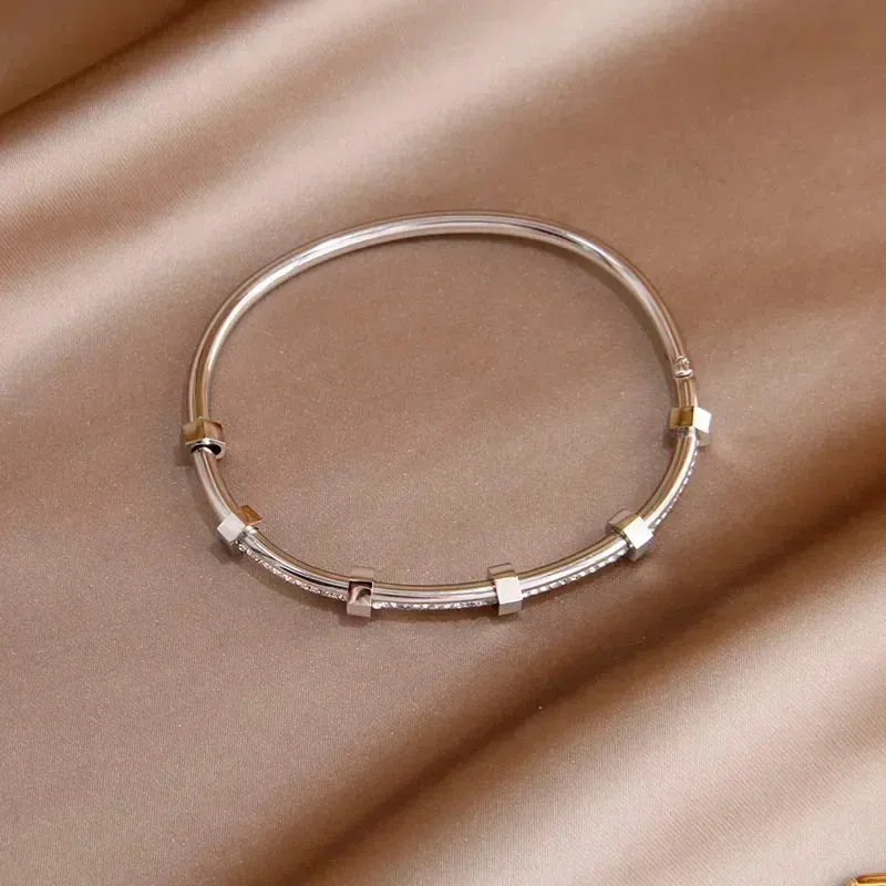 Classic Stainless Steel Open Bangles for Women with Crystal