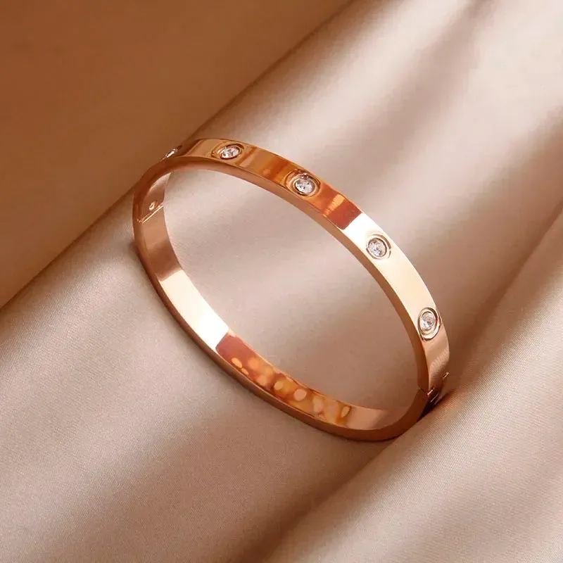Classic Stainless Steel Open Bangles for Women with Crystal
