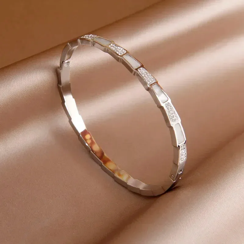 Classic Stainless Steel Open Bangles for Women with Crystal