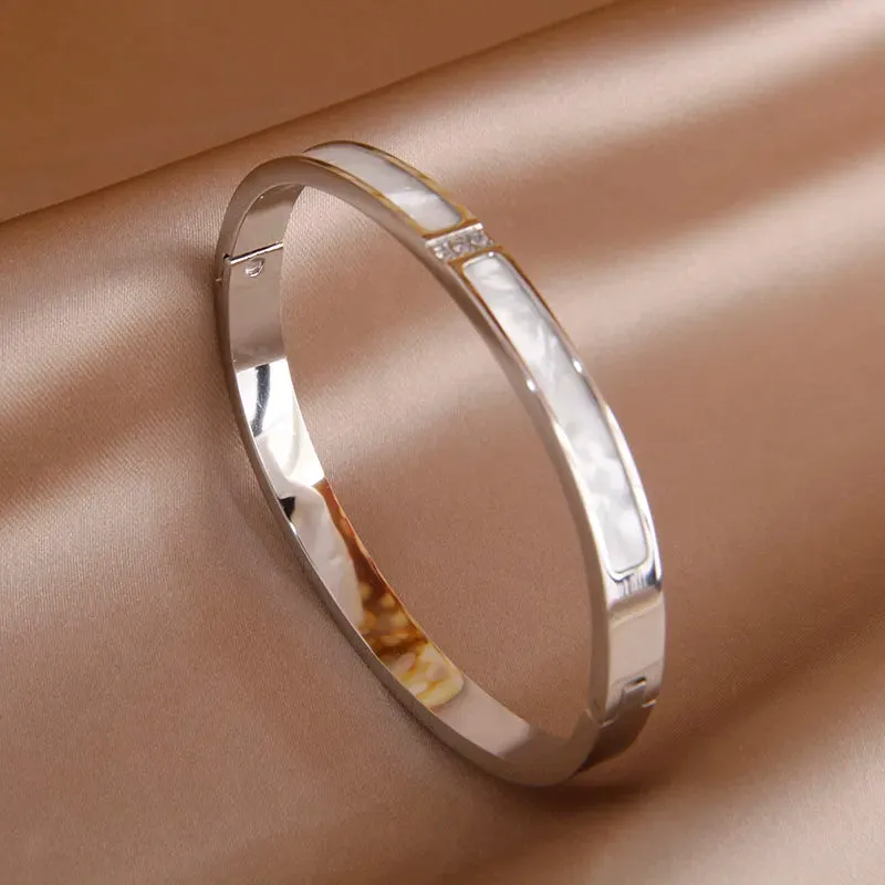 Classic Stainless Steel Open Bangles for Women with Crystal