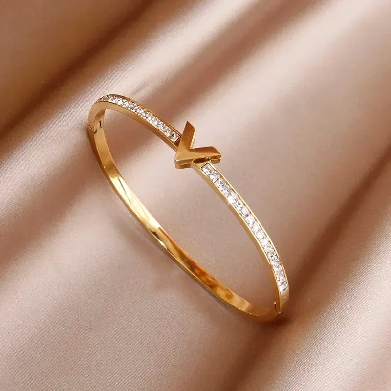 Classic Stainless Steel Open Bangles for Women with Crystal