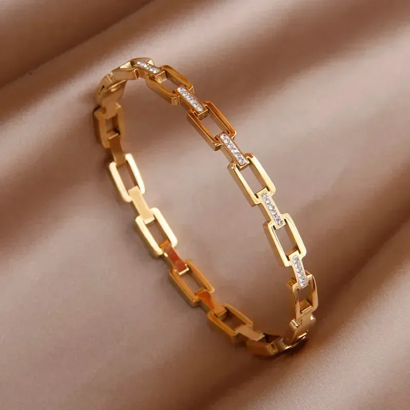 Classic Stainless Steel Open Bangles for Women with Crystal
