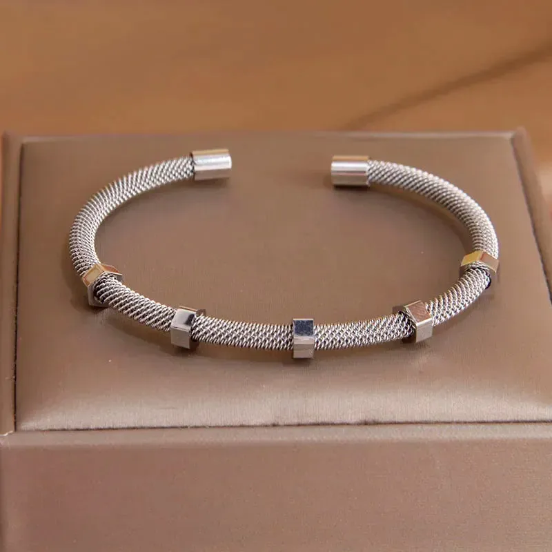 Classic Stainless Steel Open Bangles for Women with Crystal