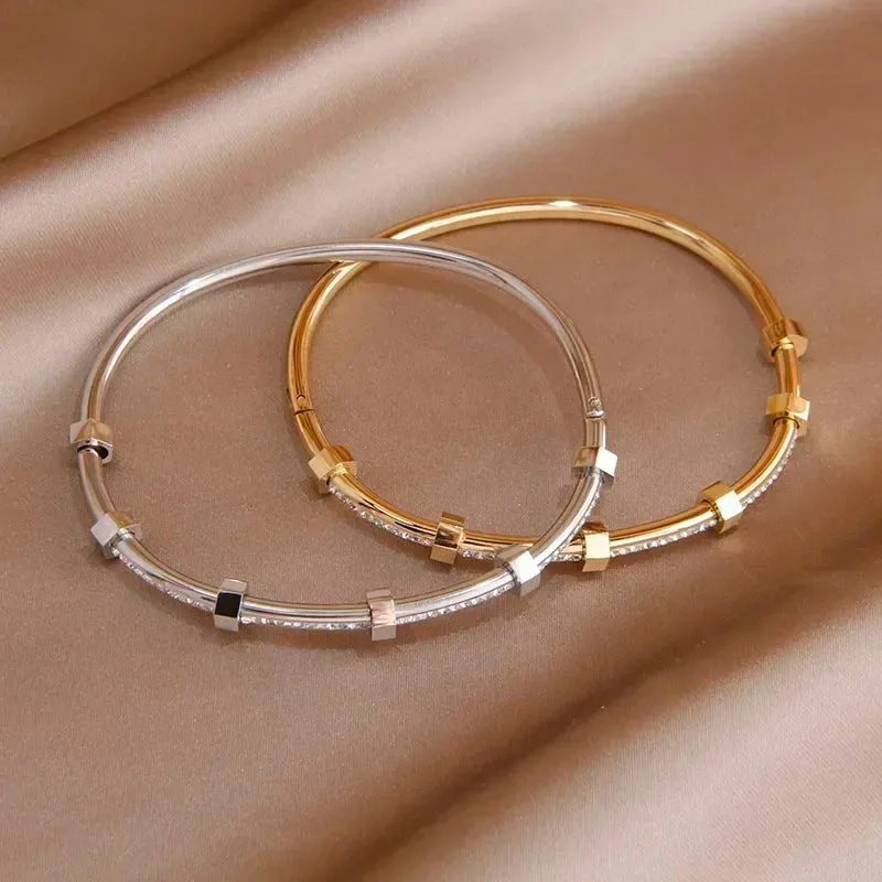 Classic Stainless Steel Open Bangles for Women with Crystal