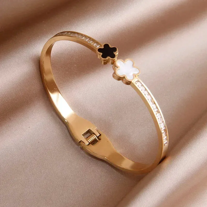 Classic Stainless Steel Open Bangles for Women with Crystal