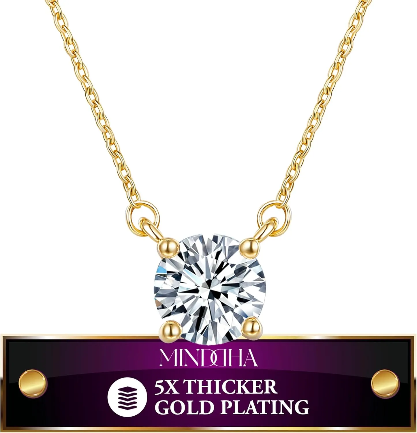 Crystal Solitaire Necklace - 14K/18K Gold Plated CZ Pendant, Minimalist Dainty Charm, 15"/18' 3" Extender, Women's Classic Gold Necklace Jewelry, Clear Crystal