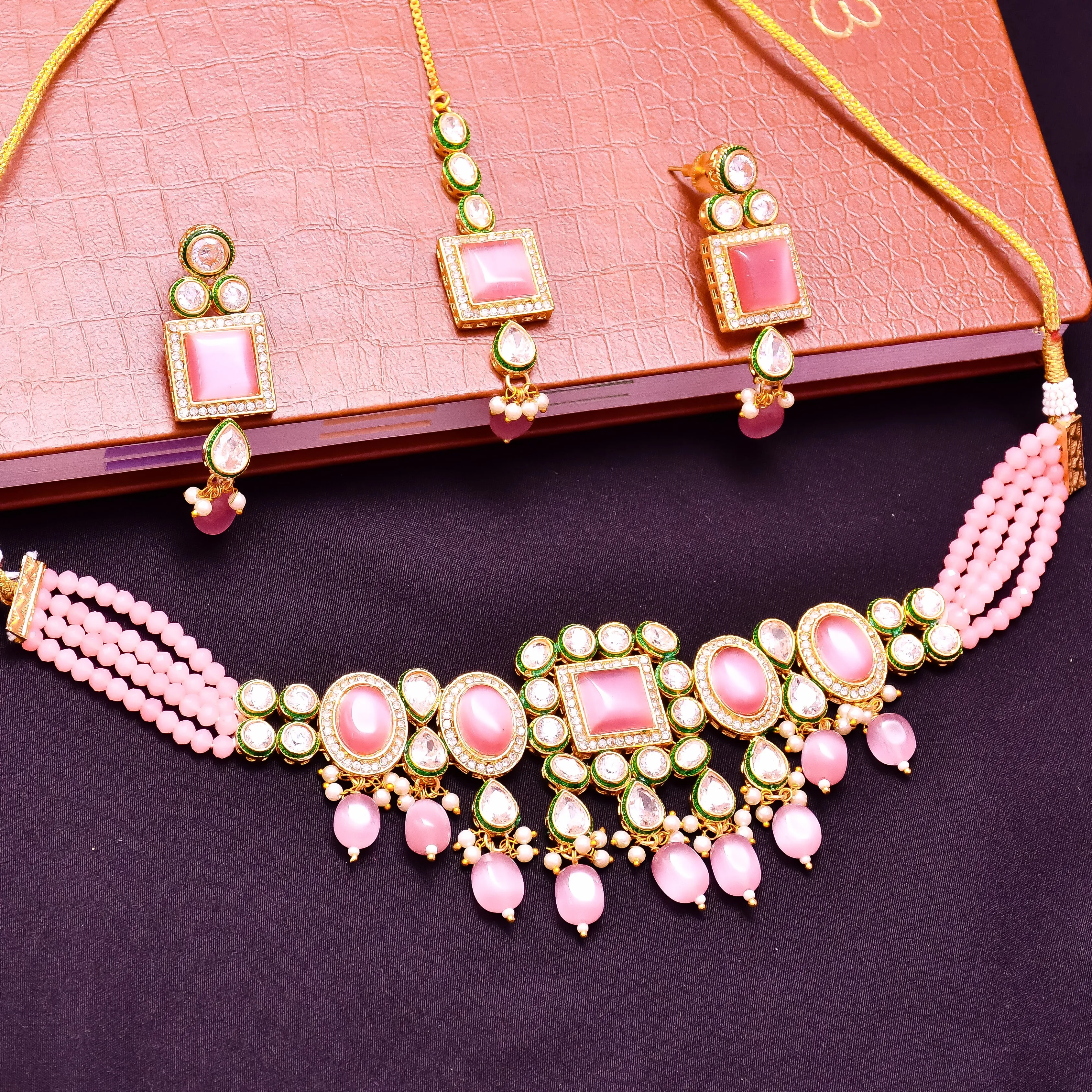 Designer Gold Plated Royal Kundan With Green Color Necklace & Earrings (D612)